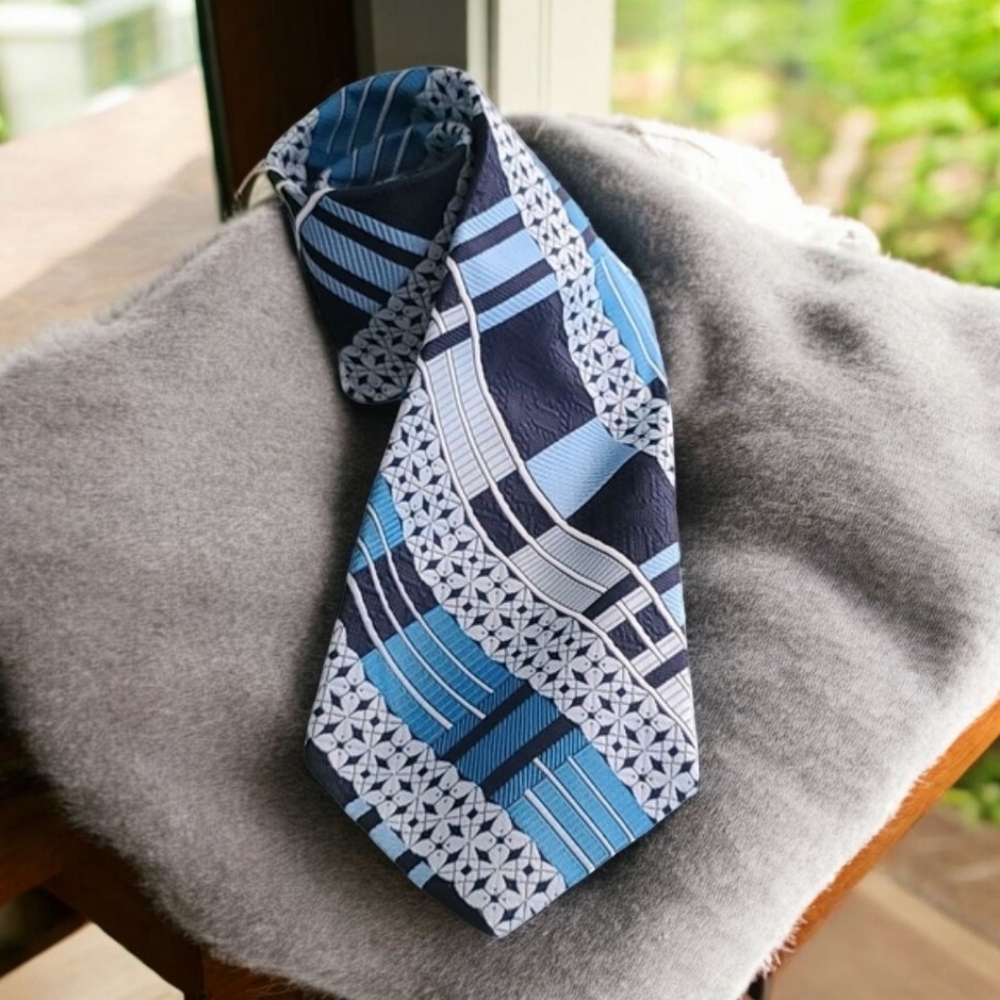 VINTAGE 70s Retro Cravatier Mr Rogers Mod Polyester Neck Tie Mid Century Blue - Picture 14 of 14
